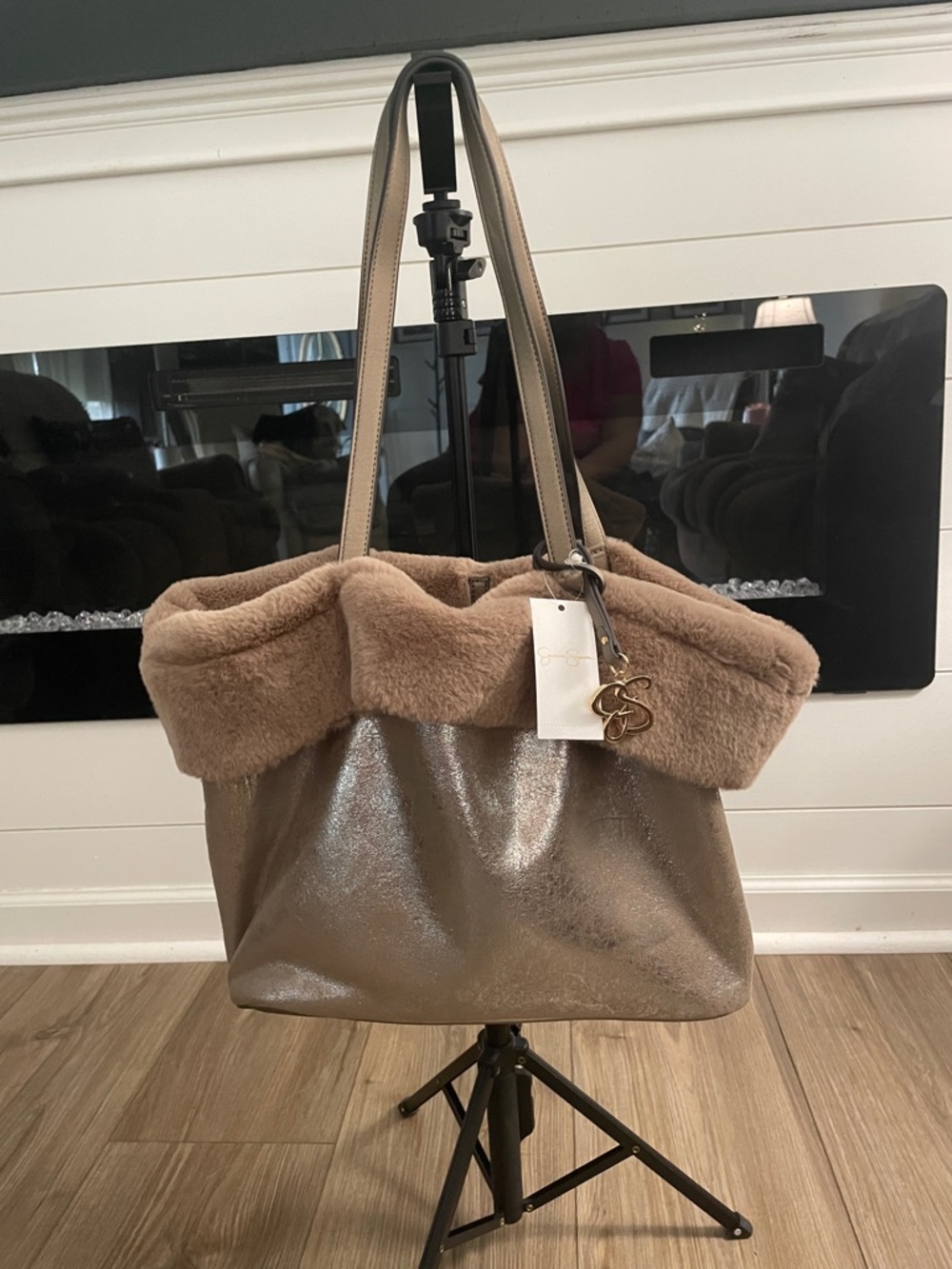 Jessica Simpson Metallic Taupe Tote with Faux-Fur Trim